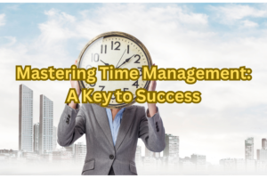 Time Management: A man hiding his face behind a clock, with his hands holding the clock in front of him